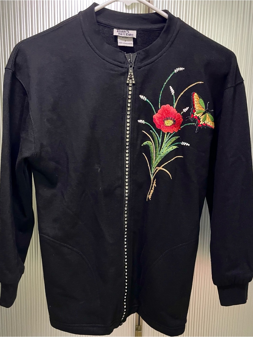 Isaac's Designs Size S Full Zip  Embroidered with Rhinestones Black Cardigan